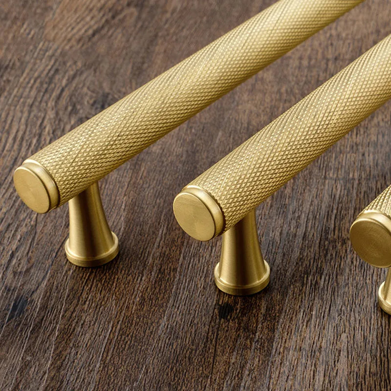 Gold Knurled Brass Kitchen Cabinet Handles – T-Bar Drawer Pulls and Copper Knobs (14mm Diameter) Handles