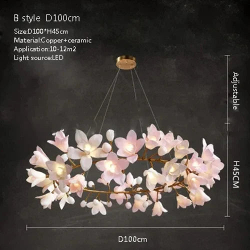 Decorative ceramic flower chandelier with glowing white and pink petals, gold ceiling mount