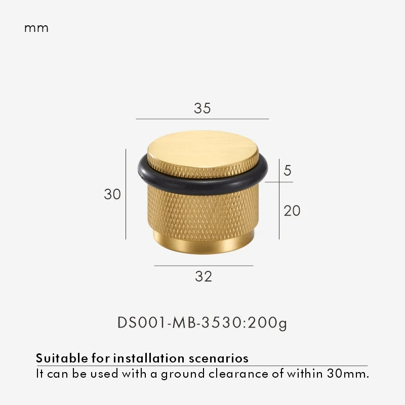 Brushed metal adjustable door stop diagram: 35 mm diameter, 30 mm height, black ring