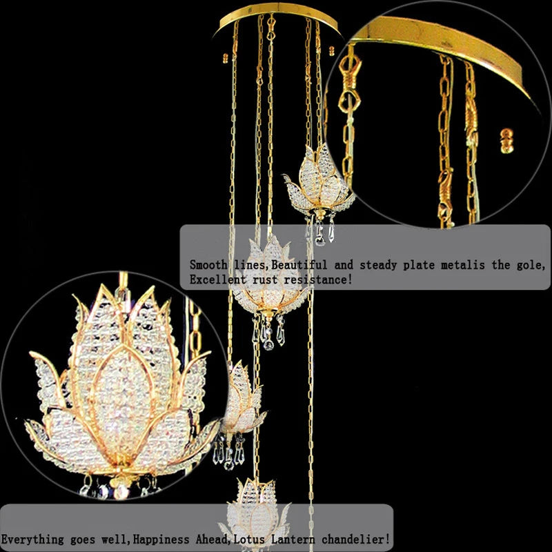 Gold crystal chandelier detail showing thin chains and lotus-shaped crystal shades