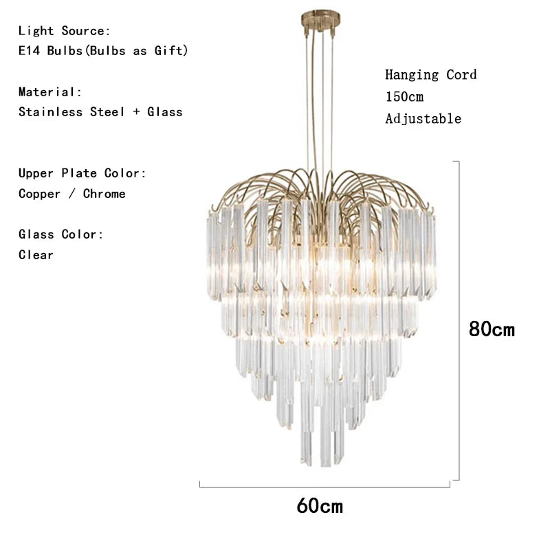 Gianna Italian Crystal Glass Pendant Chandelier – Classic Hanging Light for Staircase & High Ceilings 60cm / Chrome