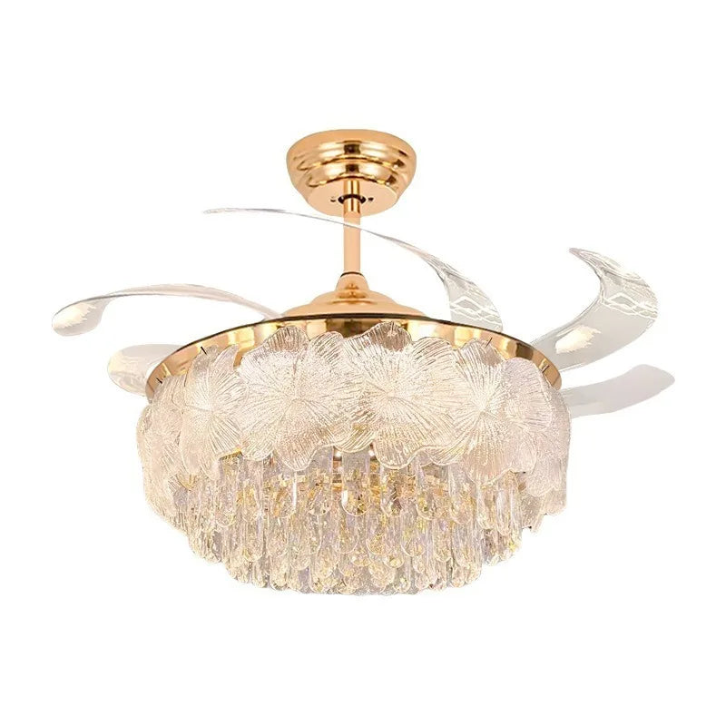 Crystal glass ceiling fan light with gold finish and clear fan blades