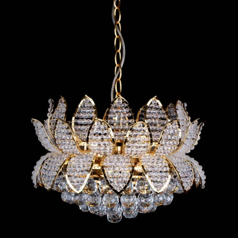 Gold crystal chandelier with lotus-style petals and clear hanging crystals