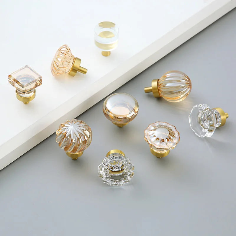 Brass Crystal Cupboard Cabinet Handle Kitchen Drawer Knobs Light Luxury Furniture Hardware Transparent Handle Home