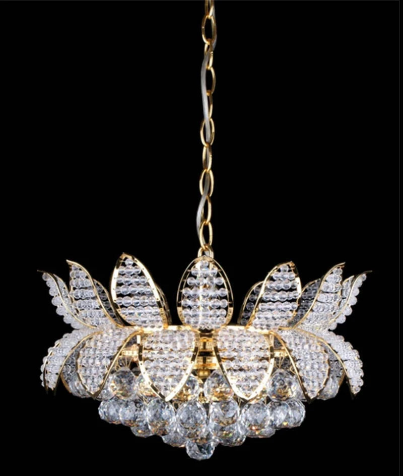 Lotus crystal chandelier with gold frame and faceted clear crystal drops