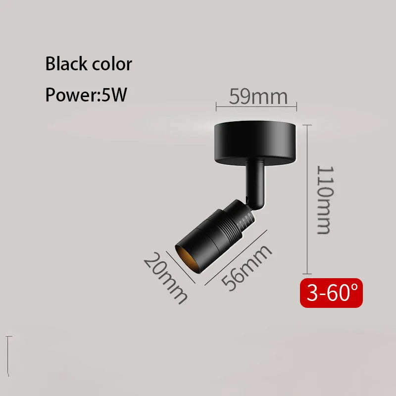 Black LED zoom spotlight, 3°–60° beam; 5W; 59mm x 110mm dimensions