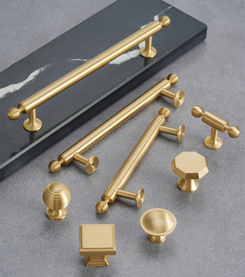 Satin Brushed Gold Brass Cabinet Handles – Modern Wardrobe and Drawer Knobs with French Style Handles