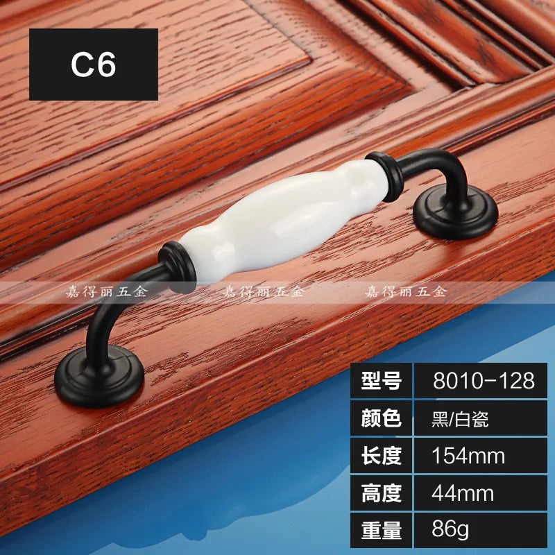 European Ceramic Cabinet Handles – Black and White Wardrobe Drawer Pulls for Kitchen and Furniture C6-8010-128 Handles