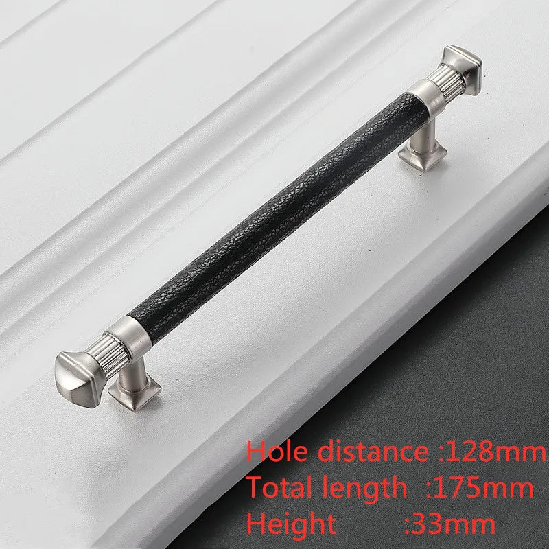 Modern Leather and Zinc Alloy Cabinet Handle – Elegant Drawer Pulls for Kitchen Wardrobe and Furniture (96mm) black