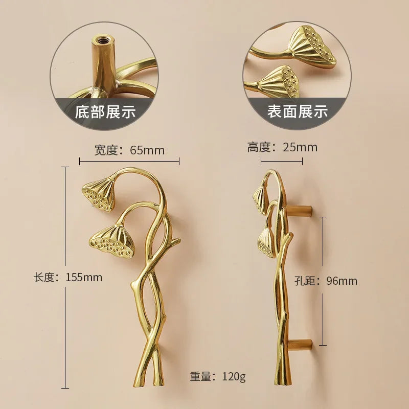 Luxury Brass Flower and Leaf Cabinet Handles – Chinese-Style Decorative Pulls for Wardrobes and Drawers 14-to left / 1
