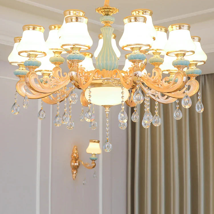 Elegant Blue Ceramic European Crystal Chandelier - Perfect For Living Rooms Dining And Bedrooms