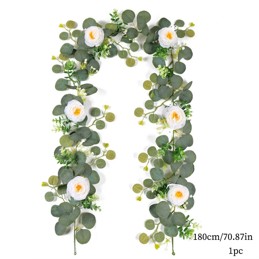 Dlight Decor 180cm Eucalyptus Vine with White Rose Garland 180cm A