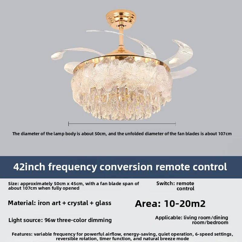 Crystal ceiling fan light with gold finish, clear blades, and remote control