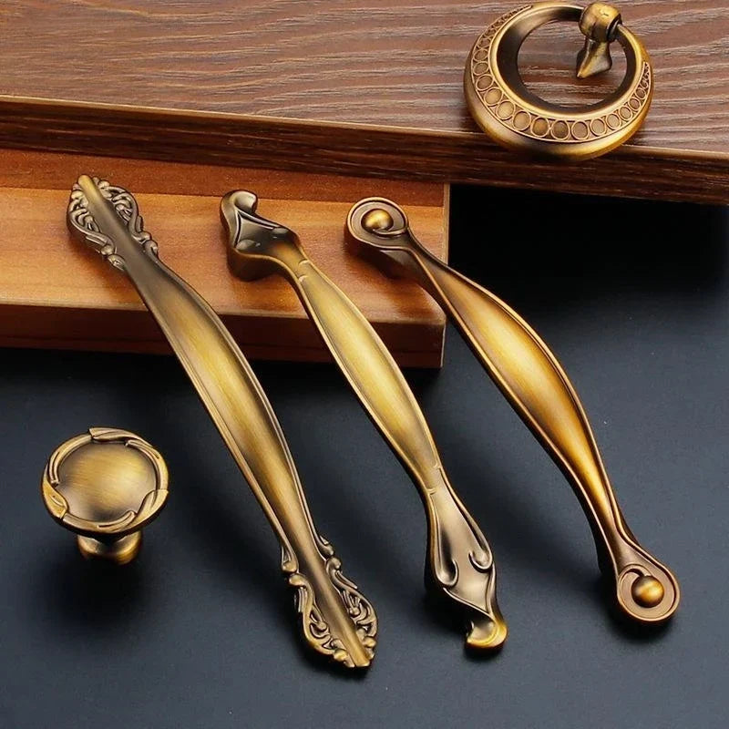 Antique Yellow Bronze Cabinet Handles - Brushed Vintage Drawer Pulls for Kitchen and Wardrobe Doors Handles