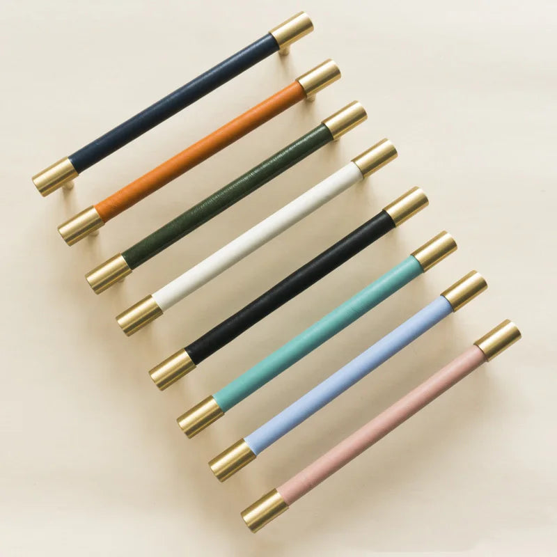 Solid Brass and Leather Cabinet Handles – Available in 15 Leather Colors Handles