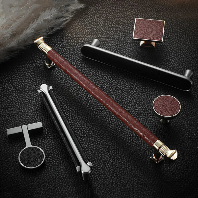 Modern Leather and Zinc Alloy Cabinet Handle – Elegant Drawer Pulls for Kitchen Wardrobe and Furniture (96mm) Handles