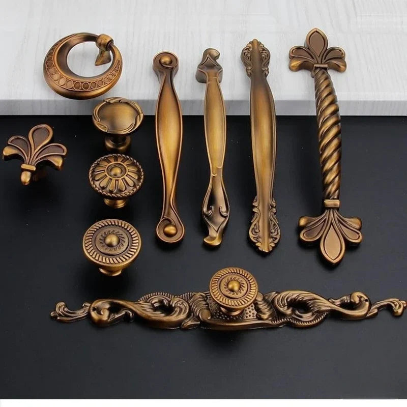 Antique Yellow Bronze Cabinet Handles - Brushed Vintage Drawer Pulls for Kitchen and Wardrobe Doors Handles