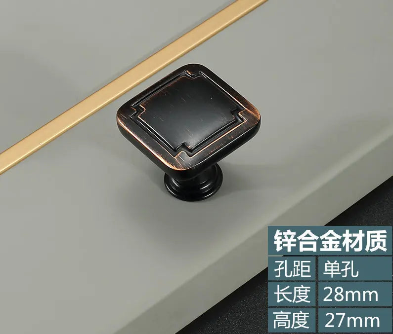 Retro Bronze and Black-Red Cabinet Handles - Nordic Square Zinc Alloy Pulls for Wardrobes and Furniture Single hole