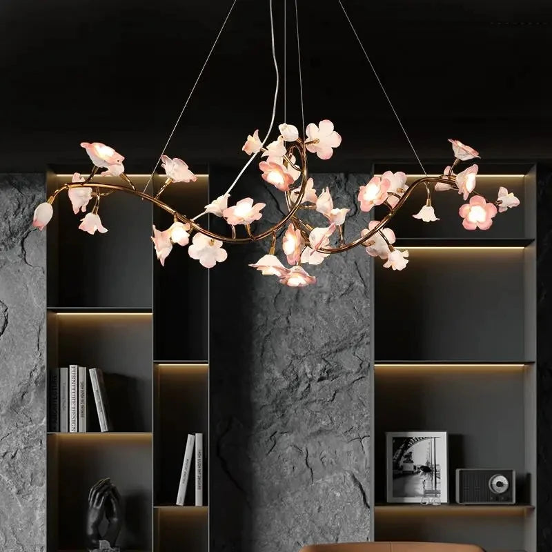 Ceramic flower chandelier with pink-white butterfly blossoms and gold metal ring frame