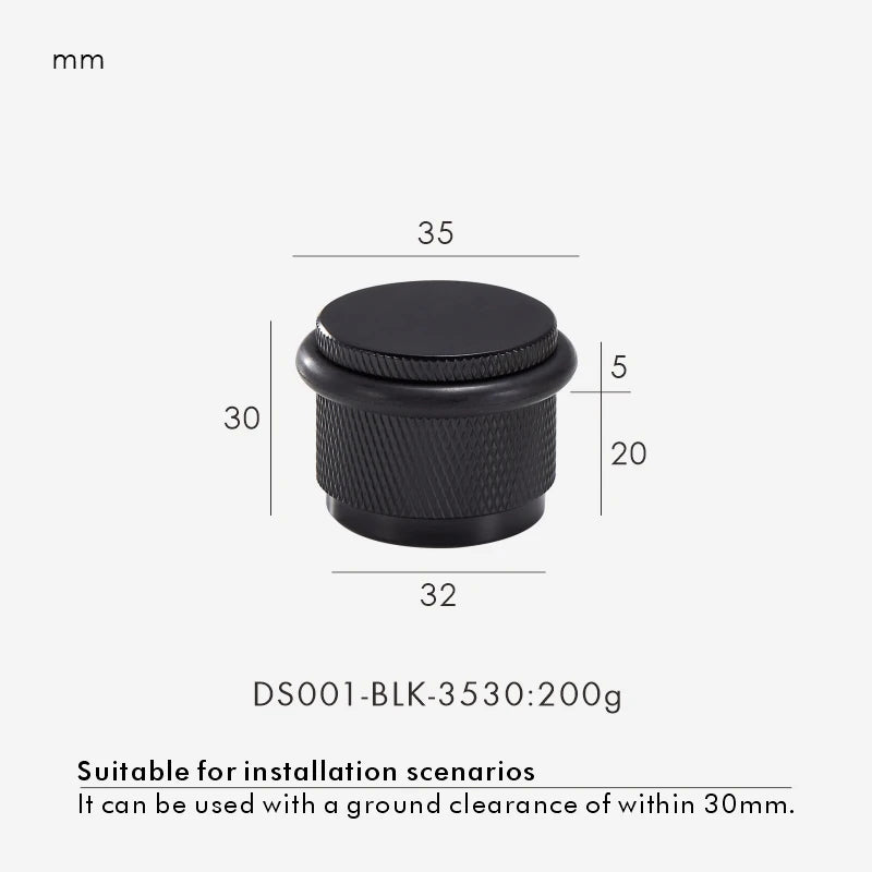 Black adjustable door stop diagram: 35 mm diameter, 30 mm height, black ring