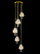 Hanging gold crystal chandelier set with multiple lotus-shaped light fixtures