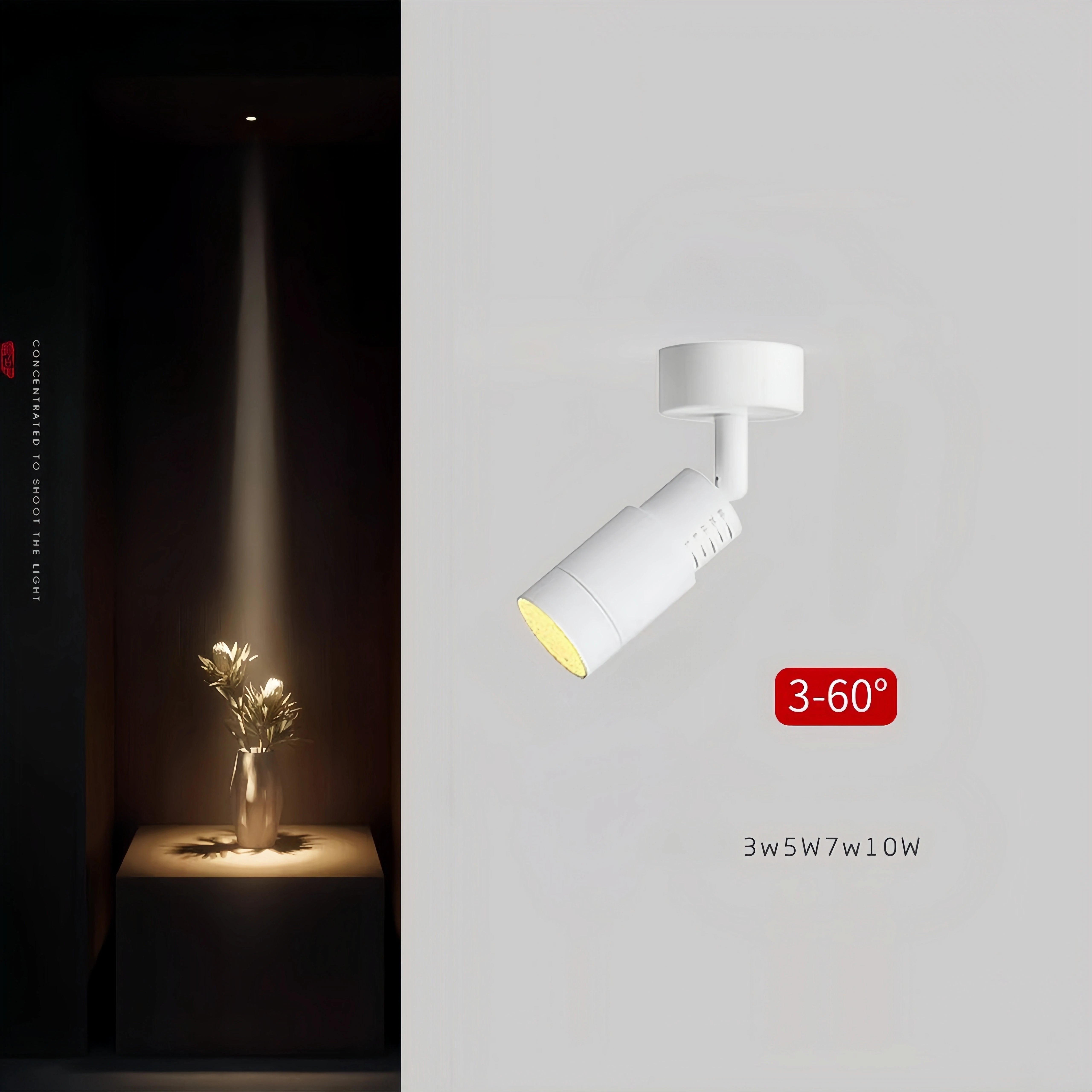White adjustable LED zoom spotlight with warm cone light beam, 3°–60° range
