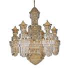 Gold crystal chandelier with layered lantern tiers and pointed finials, full front view