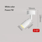 White LED zoom spotlight, 3°–60° beam; 7W; 59mm x 138mm dimensions
