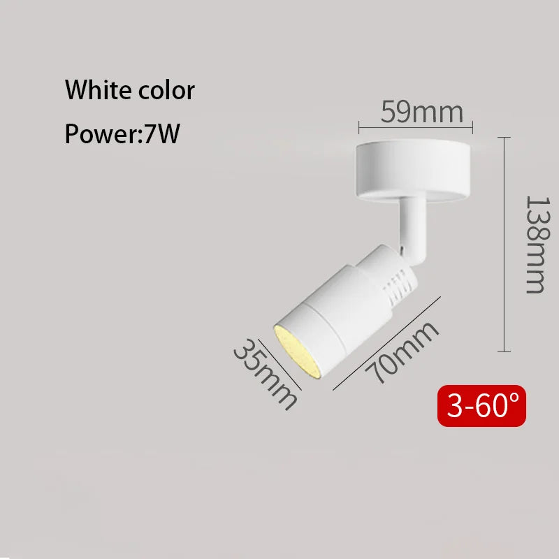 White LED zoom spotlight, 3°–60° beam; 7W; 59mm x 138mm dimensions