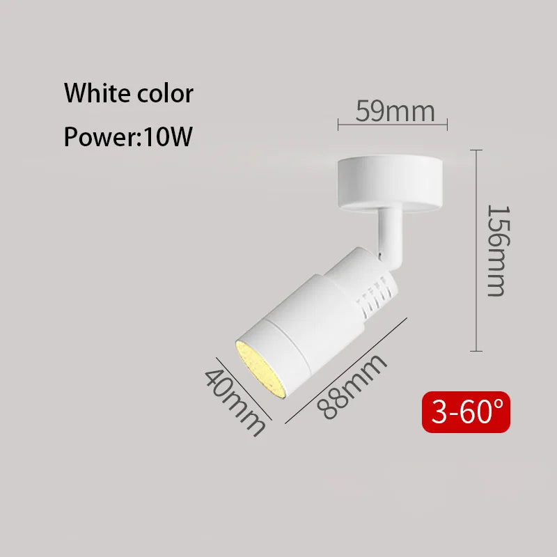 White adjustable LED zoom spotlight, 10W surface-mounted, tilting track head