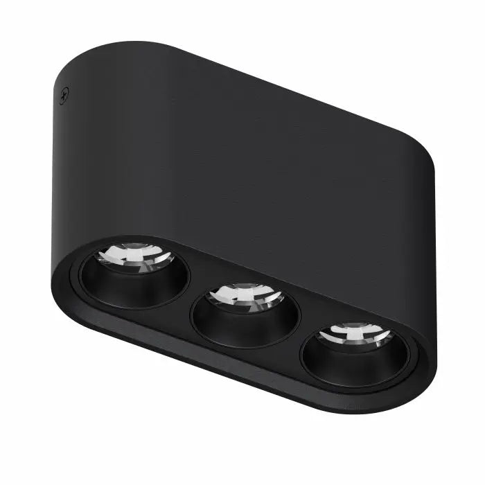Black linear surface-mounted LED ceiling spotlight with three adjustable spotlights