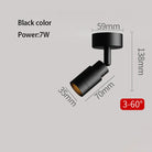 Black LED zoom spotlight, 3°–60° beam; 7W; 59mm x 138mm dimensions