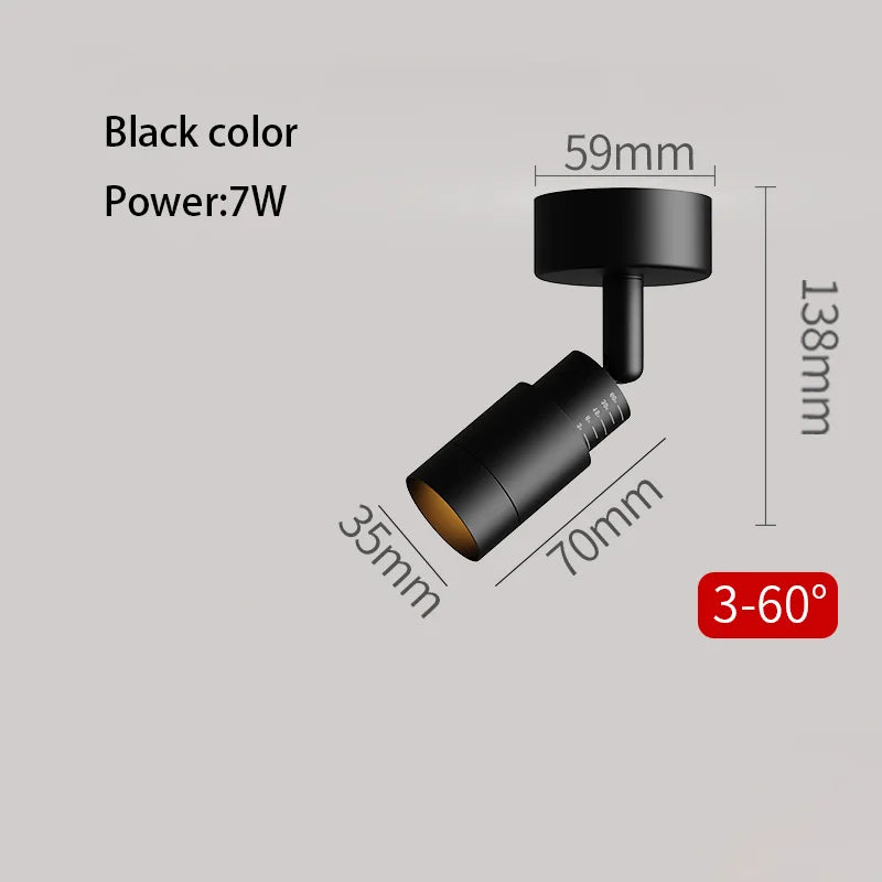 Black LED zoom spotlight, 3°–60° beam; 7W; 59mm x 138mm dimensions