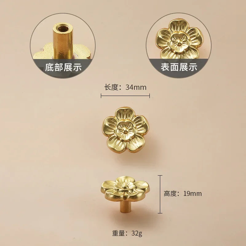 Luxury Brass Flower and Leaf Cabinet Handles – Chinese-Style Decorative Pulls for Wardrobes and Drawers 7-big / 1 piece
