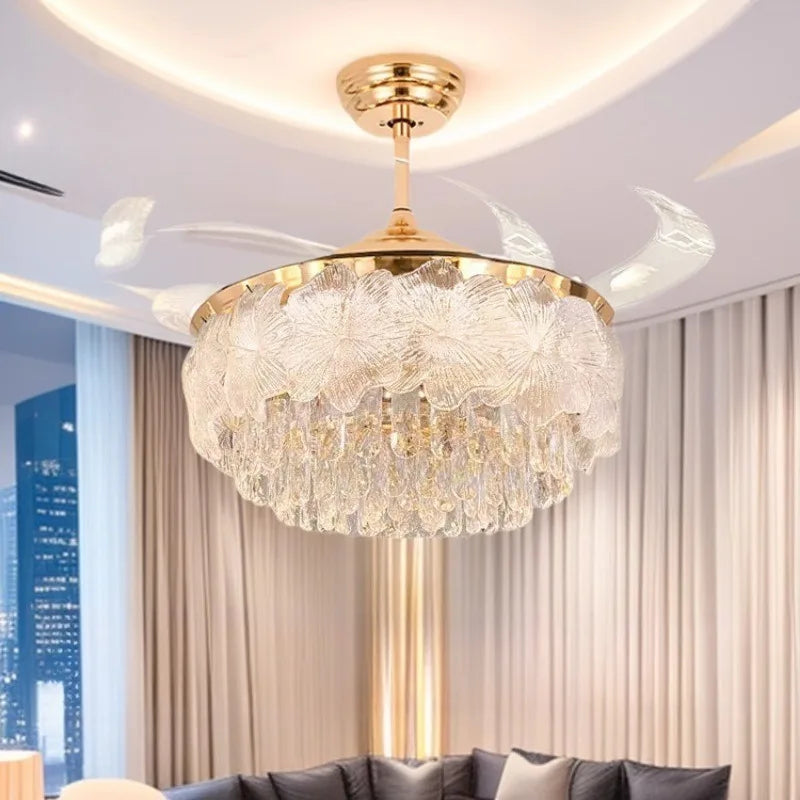 Gold ceiling fan with crystal glass light shade and clear fan blades