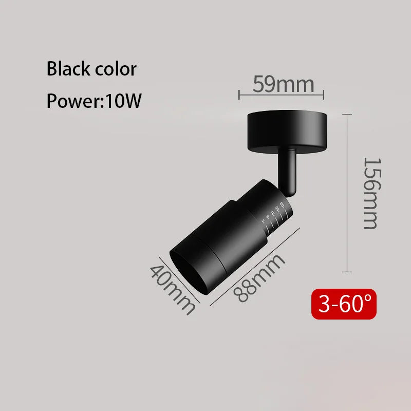Black adjustable LED zoom spotlight, 10W surface-mounted, tilting track head