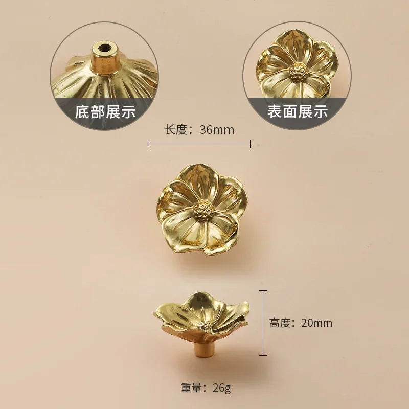 Luxury Brass Flower and Leaf Cabinet Handles – Chinese-Style Decorative Pulls for Wardrobes and Drawers 2 / 1 piece