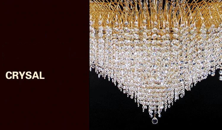 Crystal chandelier underside with gold-tone lattice frame and dense clear crystal drops