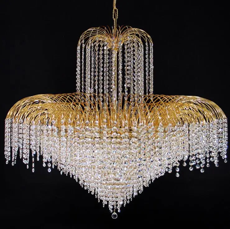 Gold-tone crystal chandelier with multi-tier ring frame and long cascading crystal drops