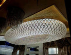 Oval beaded crystal chandelier with white wire mesh ring and hanging strands