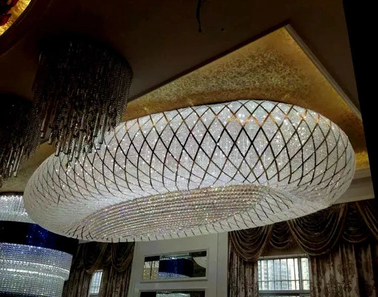 Oval beaded crystal chandelier with white wire mesh ring and hanging strands