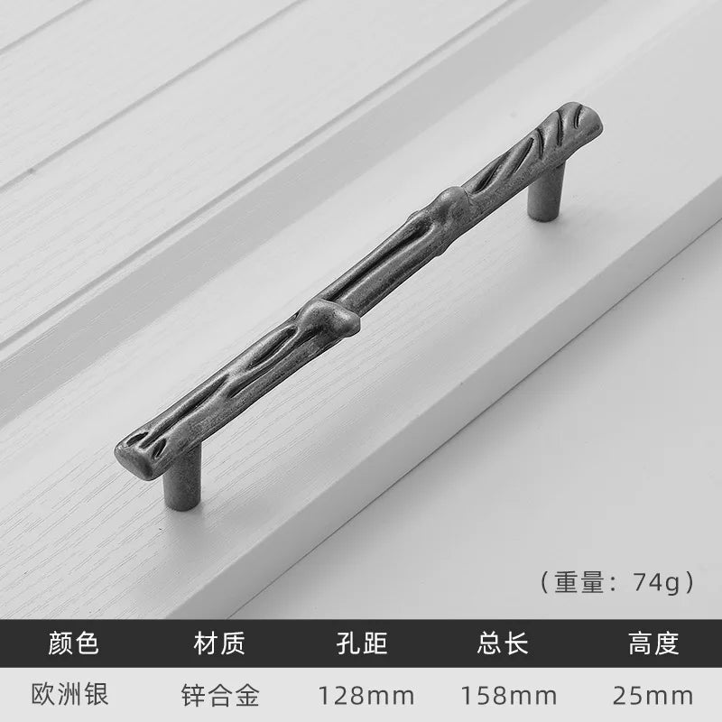 Antique Tree Pole Kitchen Drawer Handles - Zinc Alloy Cabinet Knobs in Bronze Gold and Black Ancient silver 128mm