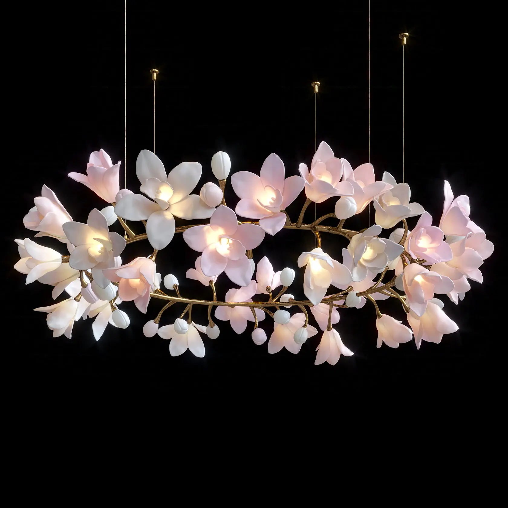 Ceramic flower chandelier with bright white glowing petals and antique gold metal network