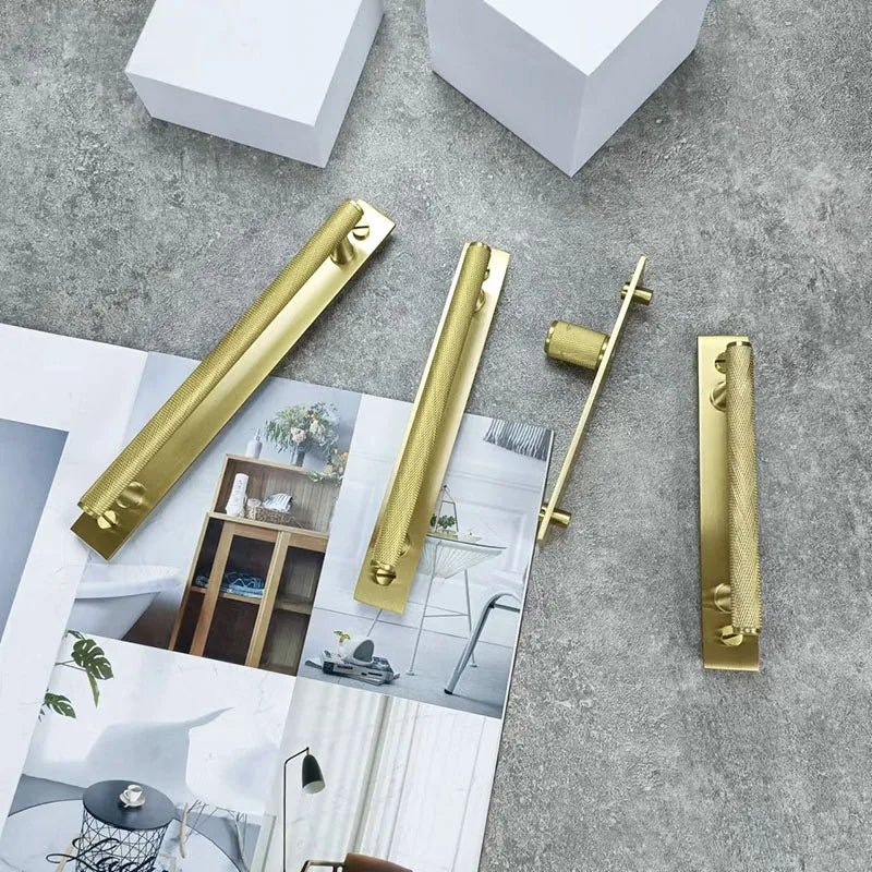 Gold Brass Handle with Plate – Knurled Cabinet Knobs and Modern Furniture Pulls Handles