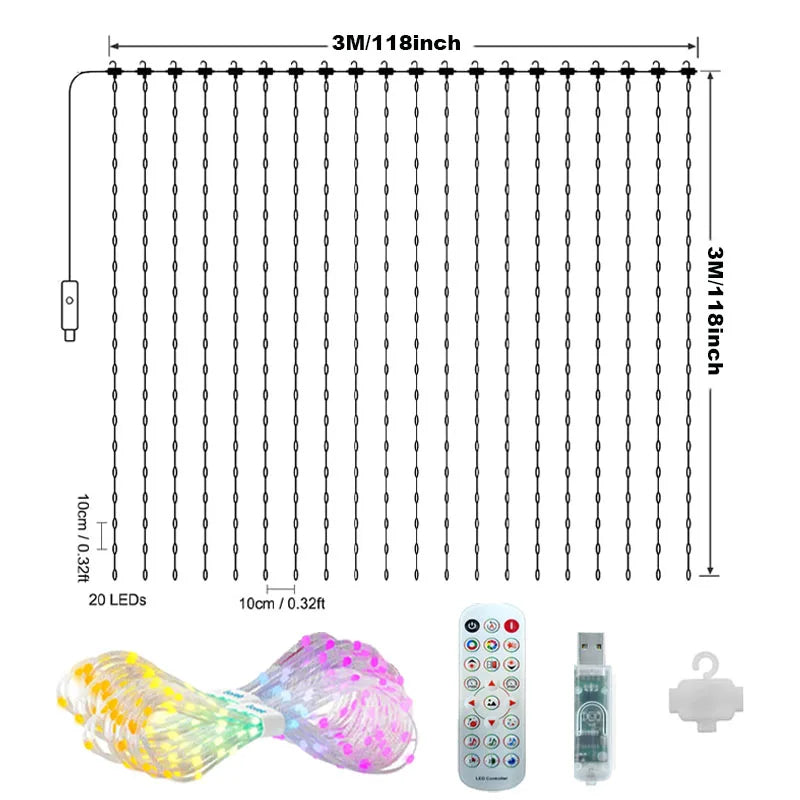APP Controlled 16 Million Colors RGB LED Curtain Lights Holiday Party Decoration 3x3m-400LED holiday lighting