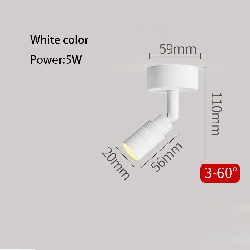 White adjustable LED zoom spotlight, 5W surface-mounted, tilting track head