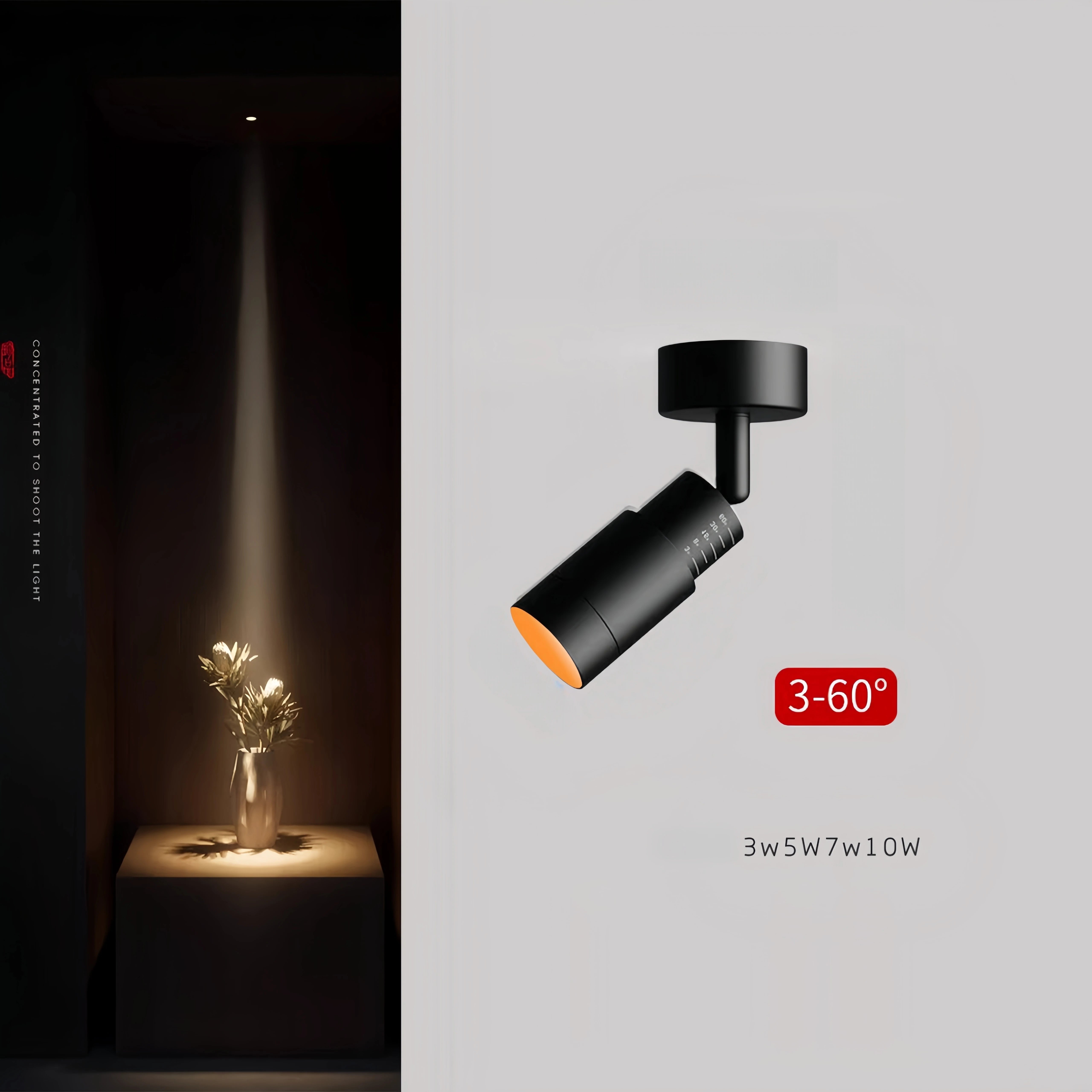 Black adjustable LED zoom spotlight with warm cone light beam, 3°–60° range