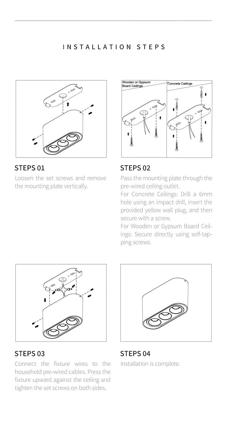 Linear LED ceiling spotlight installation steps diagram with mounting instructions