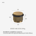 Brass adjustable door stop diagram: 35 mm diameter, 30 mm height, black ring