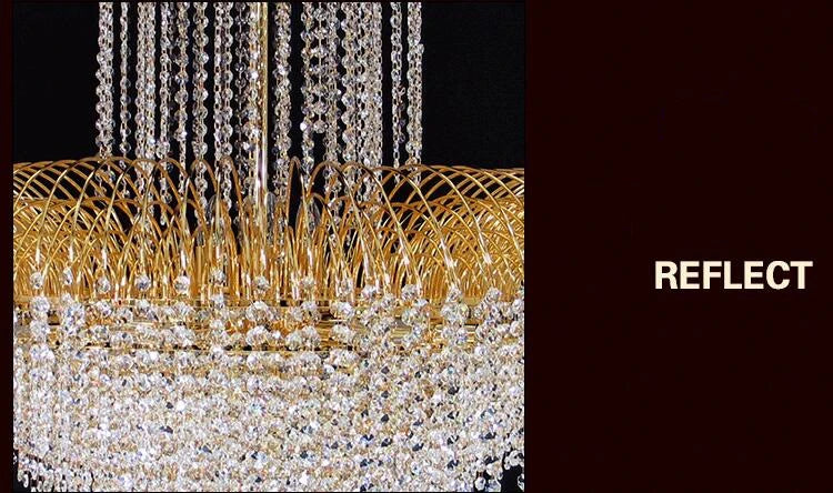 Crystal chandelier featuring hanging clear crystal fringe and gold-tone circular canopy